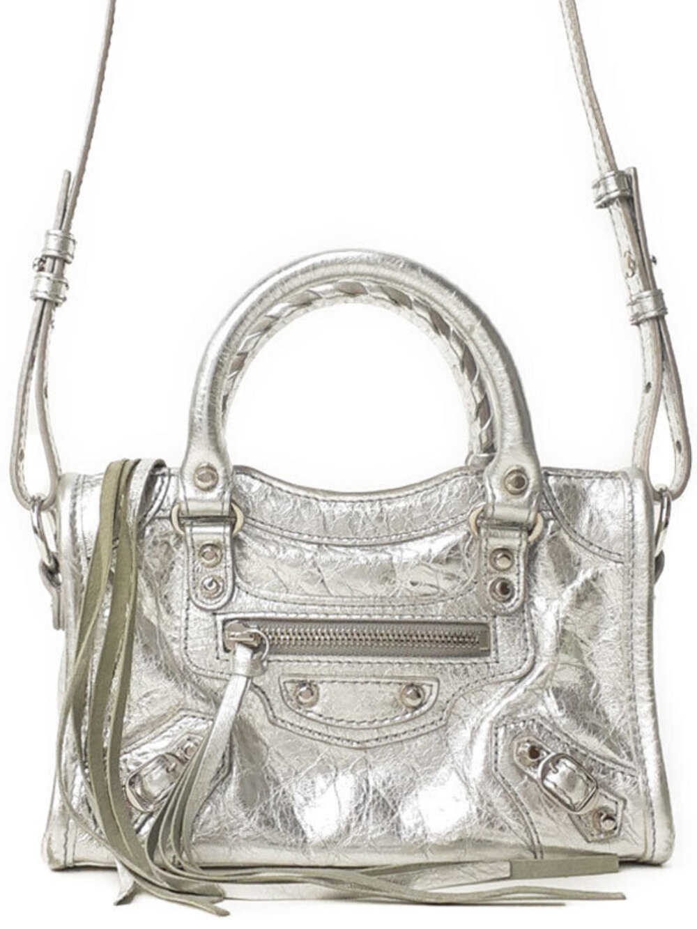 Balenciaga Le City Metallic Lamb Leather Bag studded Silver